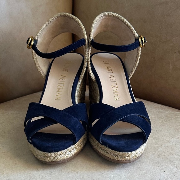 Stuart Weitzman Mirela II Espadrille Wedge Sandal Navy Suede/Natural 7.5C Casual - Picture 3 of 13
